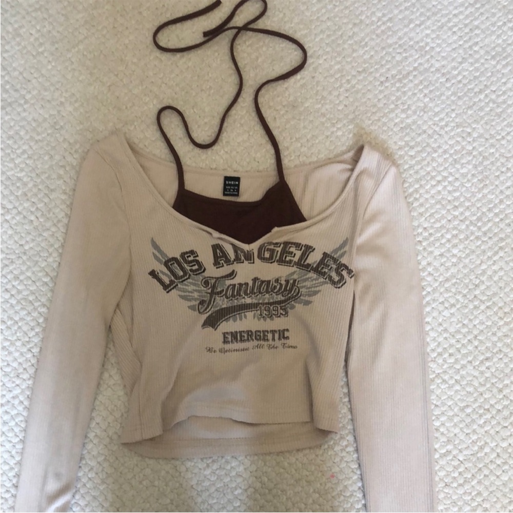 SHEIN Cream and Brown Layered Self Tie Long Sleeve Tee